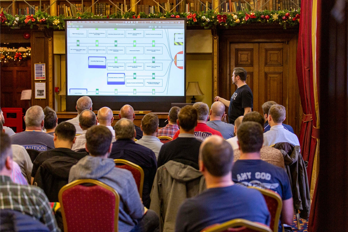 Matt Williams teaching a room full of drone pilots at a seminar, a risk diagram on the screen behind him